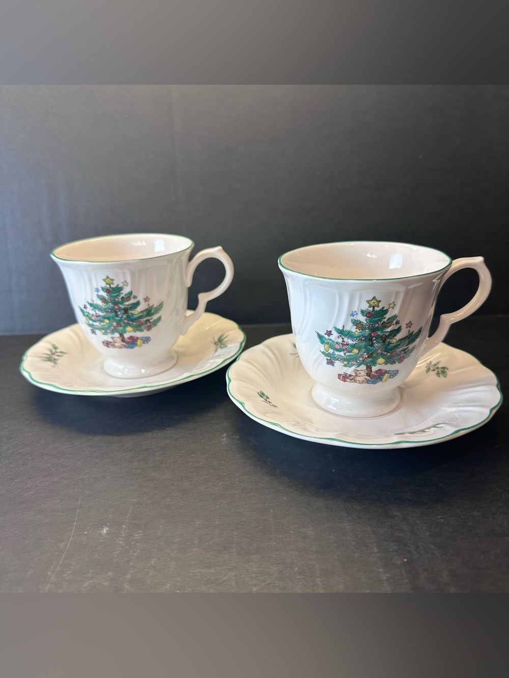 Nikko Happy Holidays Christmas Tree Tea Cup Saucer Set 2 1980s Coffee Coco Cider